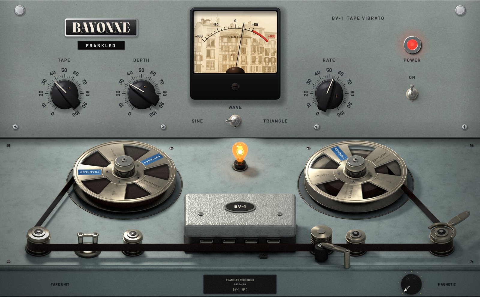 BV-1 Tape Vibrato: grey-green panel with pitch meter and a reel-to-reel tape unit.